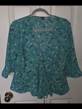 H&M Teal Floral Tie-Front Blouse